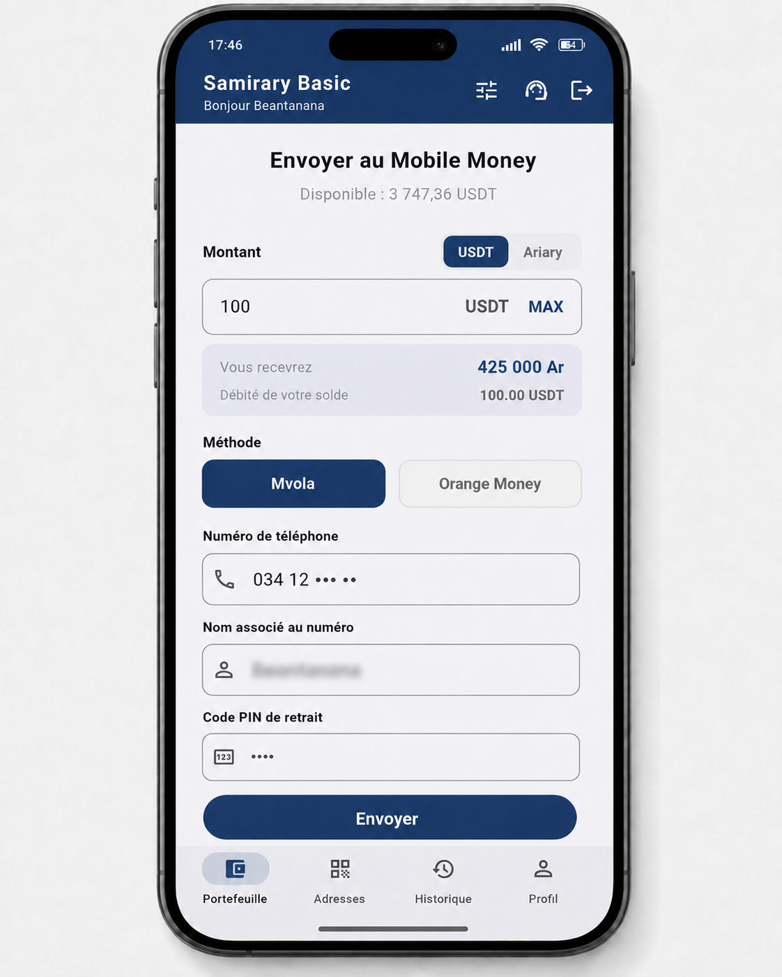 Formulaire de retrait USDT vers MVola ou Orange Money dans Samirary